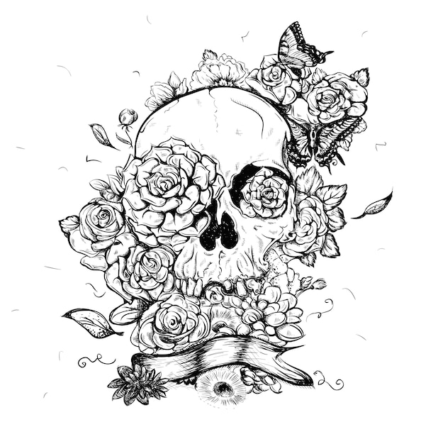 Download Skull and flowers illustration day of the dead | Premium ...
