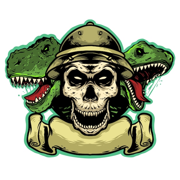 Download Skull head with dinosaur and banner logo mascot design ...