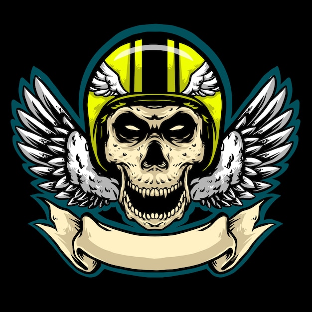 Skull helmet with wings and banner logo mascot | Premium Vector