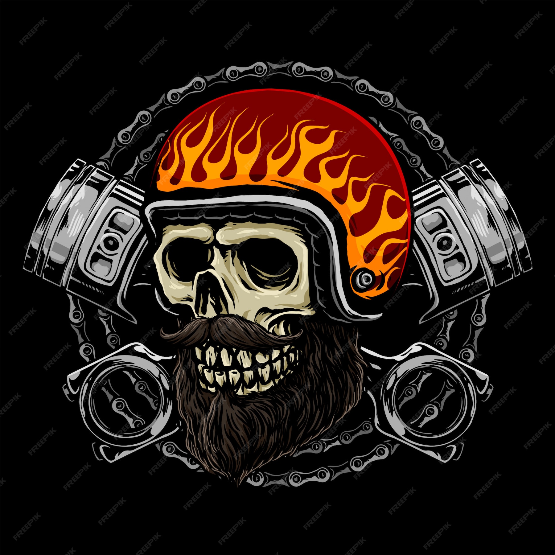 Premium Vector | Skull rider motorcycle with retro helmet, pistons and ...