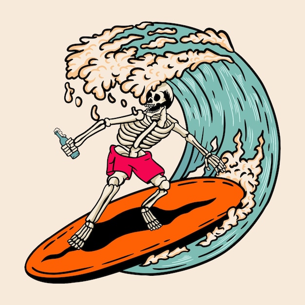 Premium Vector | Skull surfing retro illustration