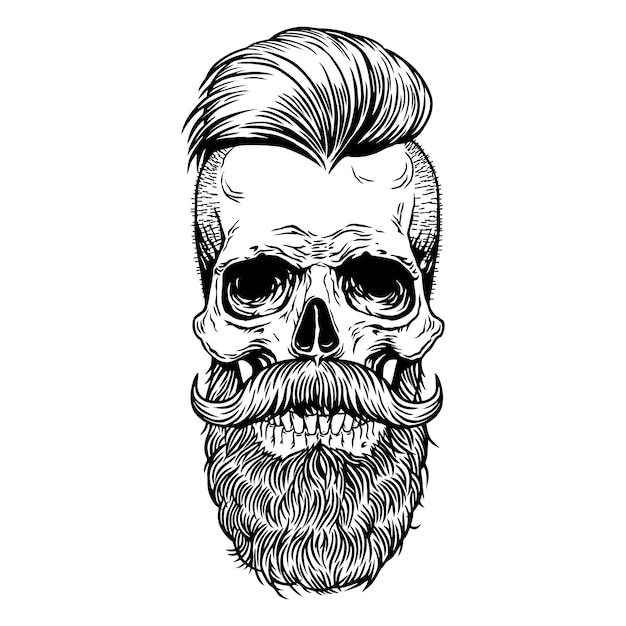 Premium Vector Skull Tattoo Mustache Beard Hipster Hand Drawn Line Art Design Print Shirt Poster Textiles
