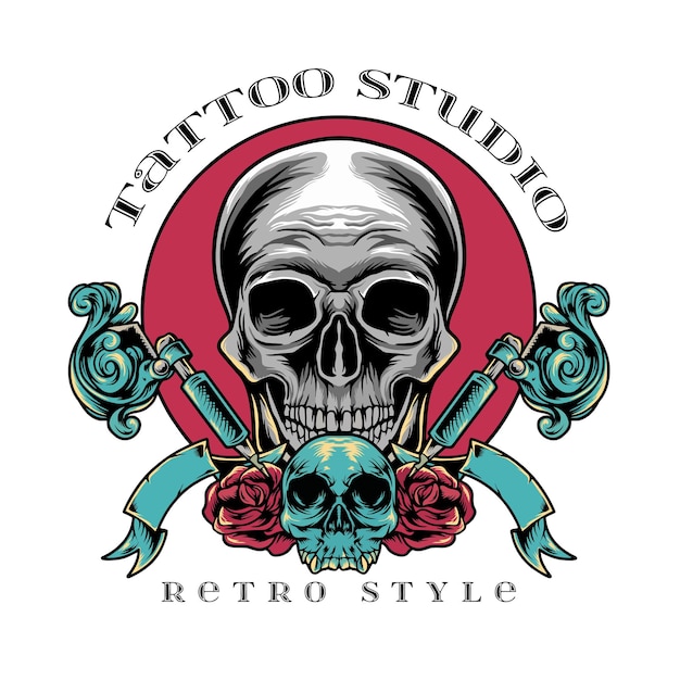 Premium Vector | Skull tattoo studio retro style