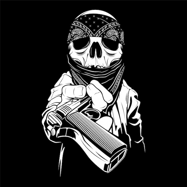 A skull wearing a bandana hands over a gun Vector | Premium Download