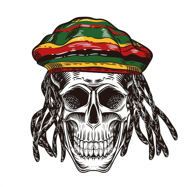 Premium Vector | A skull with dreadlocks. skull in the cap of rastaman.