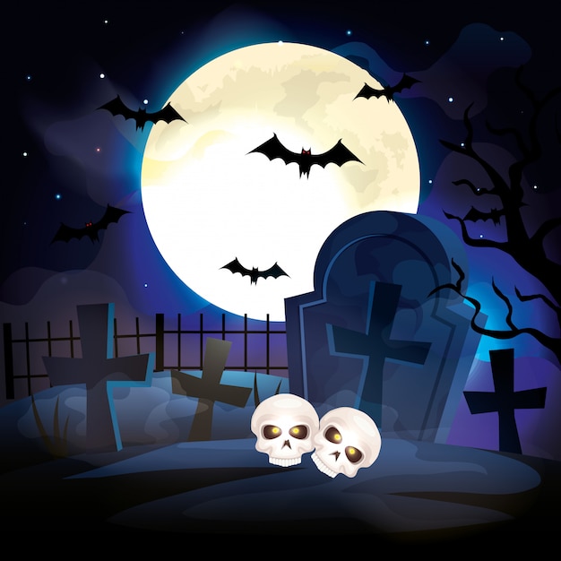 Premium Vector Skulls In The Cemetery Halloween Scene Illustration