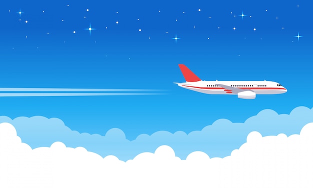 空の航空機 青い空を飛んでいる飛行機 雲 旅客機の休暇や交通機関の旅行イラストのフライトジェット機 トリップジェット 飛行輸送 輸送飛行機 プレミアムベクター