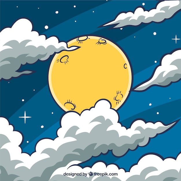 Sky background with moon and hand drawn\
clouds