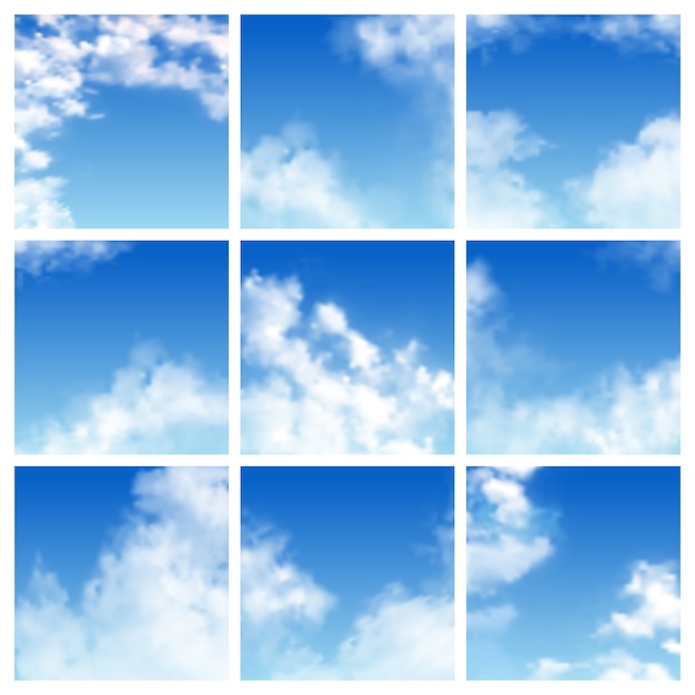 雲模様の空パターン曇りの背景と青く曇ったスカイライン天国壁紙イラストセット プレミアムベクター