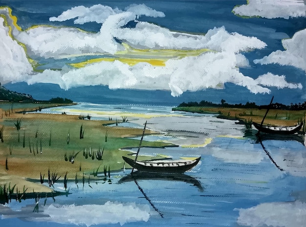 川のイラストの空の景色の水彩画の絵画ボート プレミアムベクター
