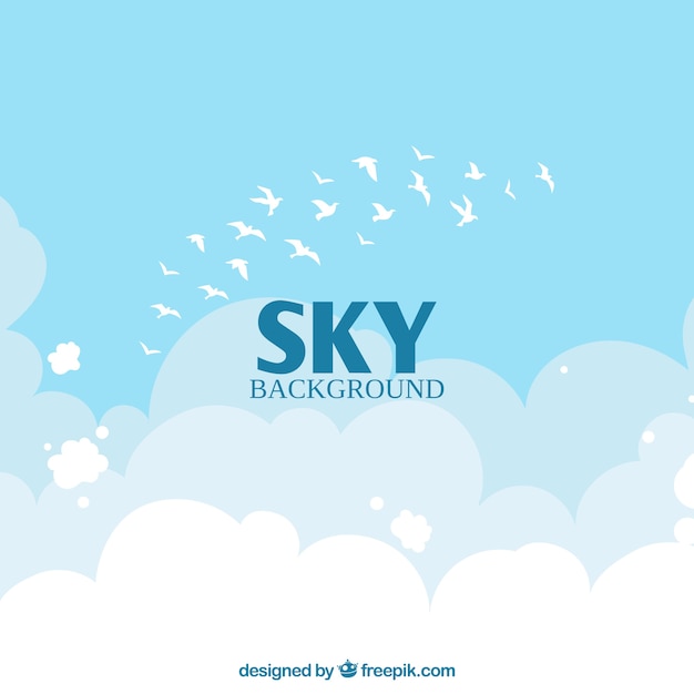 Sky with clouds and birds background in flat\
style