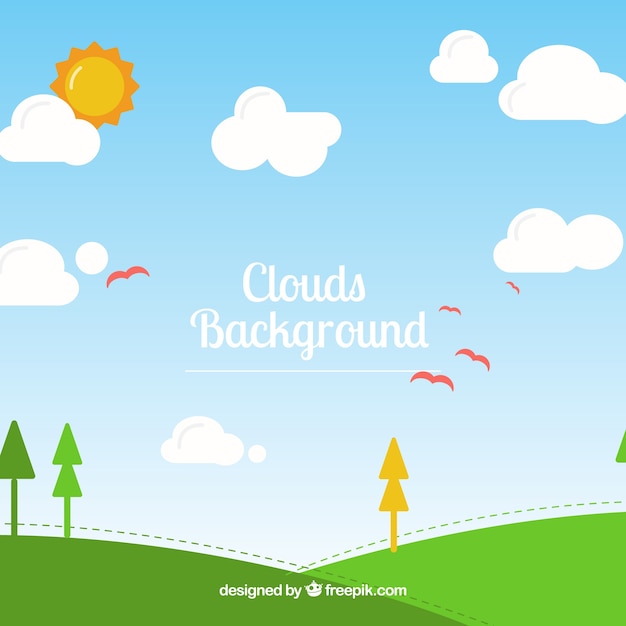 Sky with clouds background in flat style