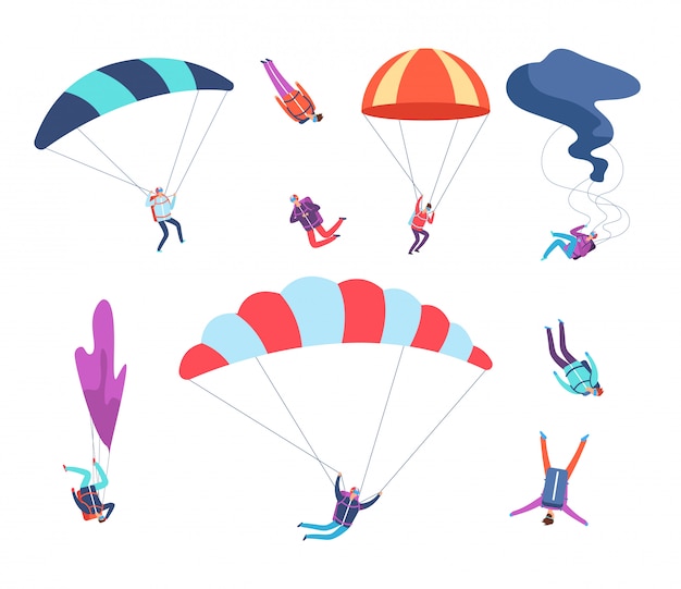 スカイダイバーセット パラシュートでジャンプする人々 危険なスポーツスカイジャンパー 落下傘兵の漫画のベクトル文字 プレミアムベクター