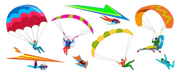 スカイダイビングアドベンチャーの人々は空にパラシュートでジャンプします プレミアムベクター