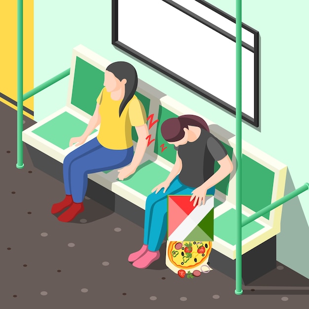 睡眠障害の概念 地下鉄の馬車で昼寝中の疲れた女性と等尺性イラスト 無料のベクター