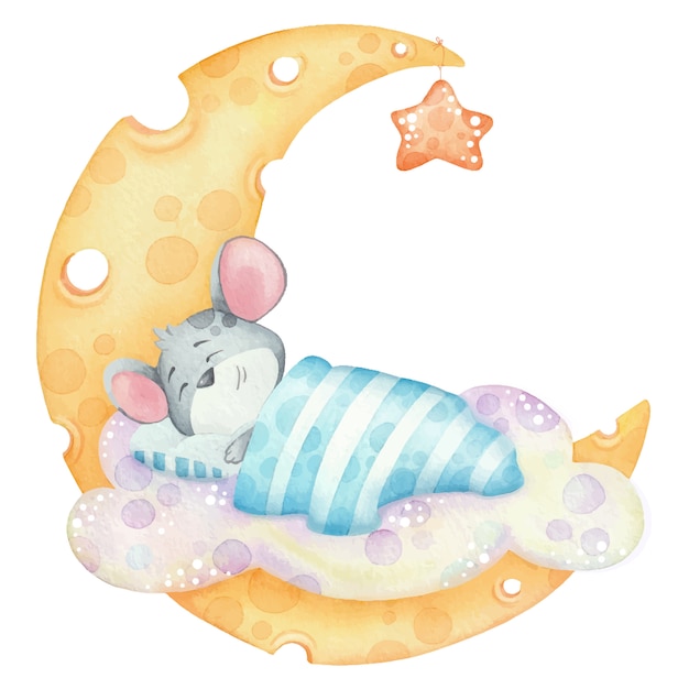 チーズ月の子供たちの水彩イラストでかわいいマウスを眠っています プレミアムベクター