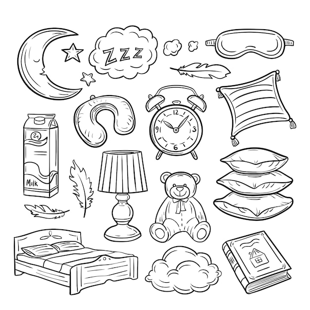 眠っている落書きセット 睡眠の枕の羽はzzzの夜の夢を見ます 就寝時手描きコレクション プレミアムベクター