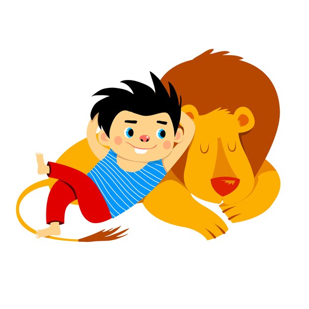 眠っているライオンと少年に優しいイラスト プレミアムベクター