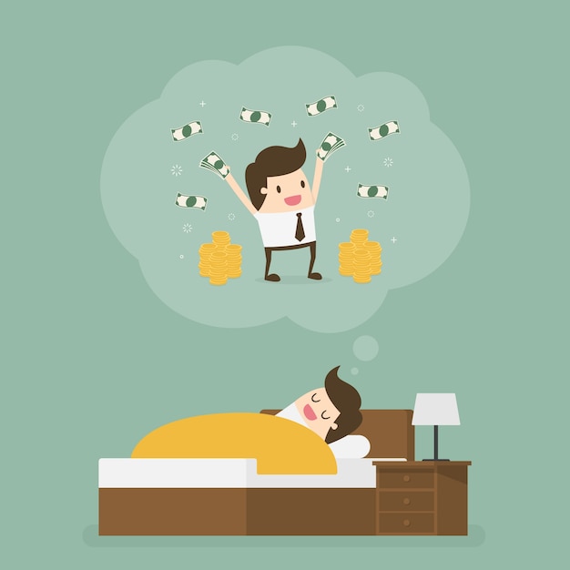 Sleeping man dreaming about a lot of money. Vector ...