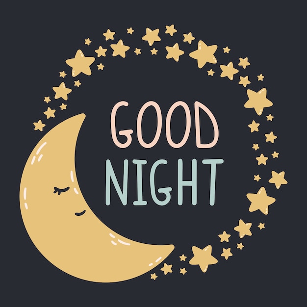 暗い背景の周りの星と眠る月 おやすみイラスト ベビールーム グリーティングカード 子供と赤ちゃんのtシャツと服 婦人服の印刷 プレミアムベクター