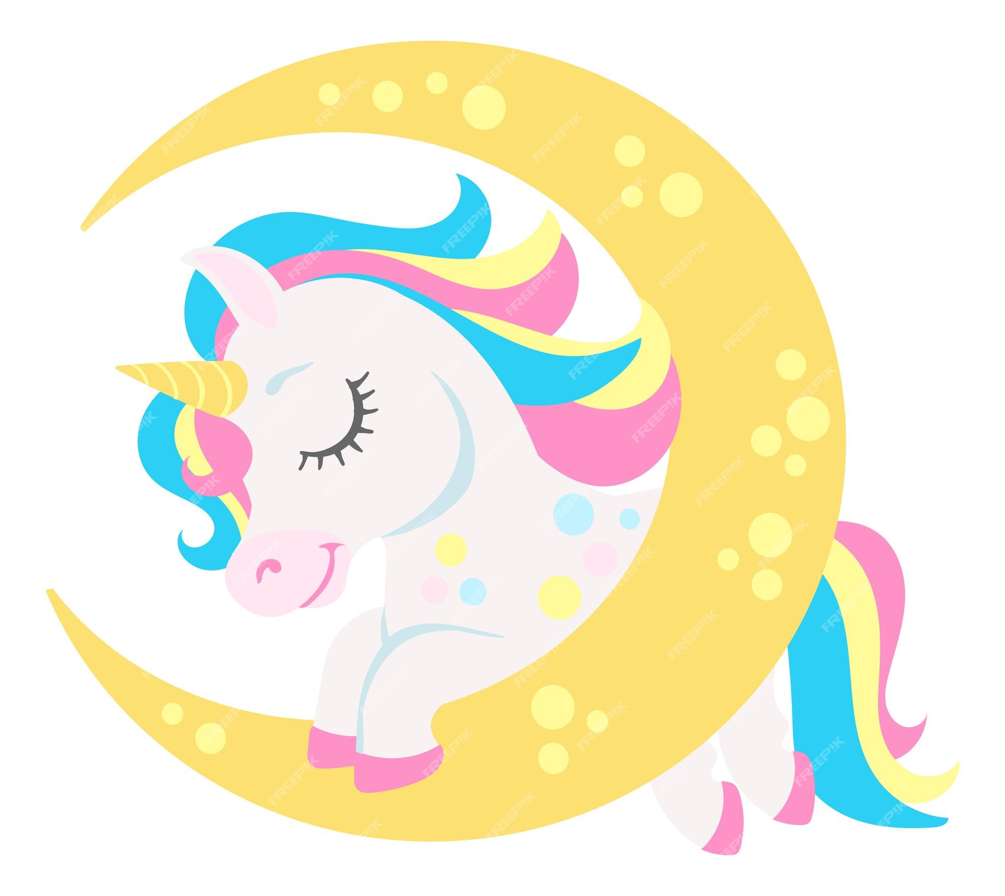 Premium Vector | Sleeping unicorn hug crescent. dream horse holding big ...