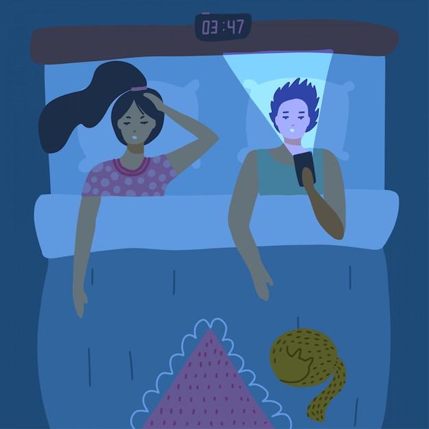 ベッドで横になっていると 携帯電話を使用して眠れないカップル 中毒 不健康な習慣 バナーの眠れない概念 ガジェットとインターネット中毒ユーザーフラット イラスト プレミアムベクター