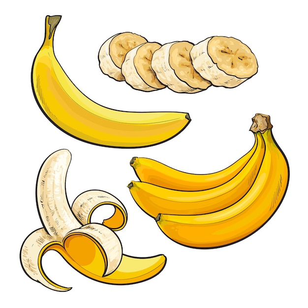 熟したバナナのスライスと皮をむいた プレミアムベクター