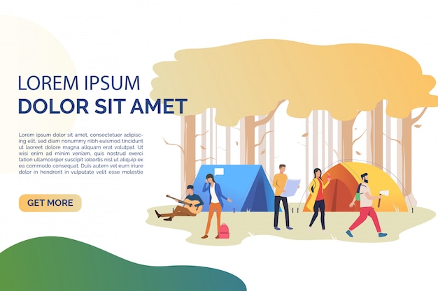 Slide page with tourists resting at tents illustration Free Vector