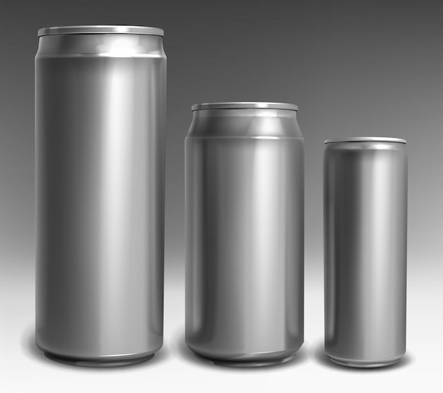灰色の背景に分離されたソーダ ビール エナジードリンク コーラ ジュース レモネードのさまざまなサイズのスライバーアルミ缶 ベクトルの現実的なモックアップ 冷たい飲み物の正面図の金属缶のテンプレート 無料のベクター