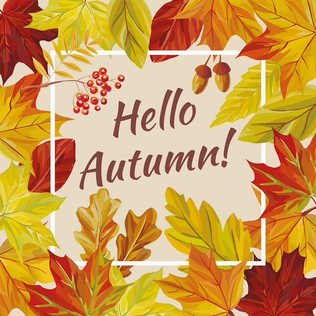 Premium Vector | Slogan hello autumn leaves rowan acorn