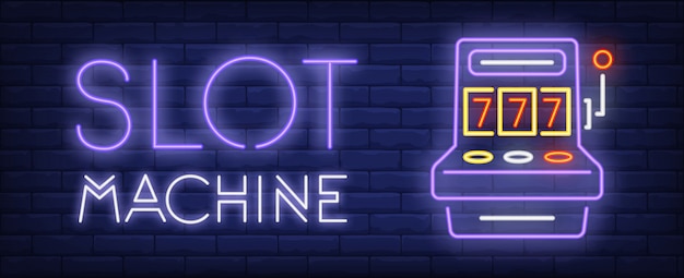 Slot machine neon sign. triple sevens and glowing inscription on brick wall background Free Vector