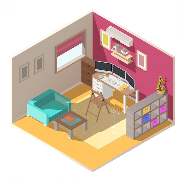 Download Small home office isometric vector interior Vector | Free ...