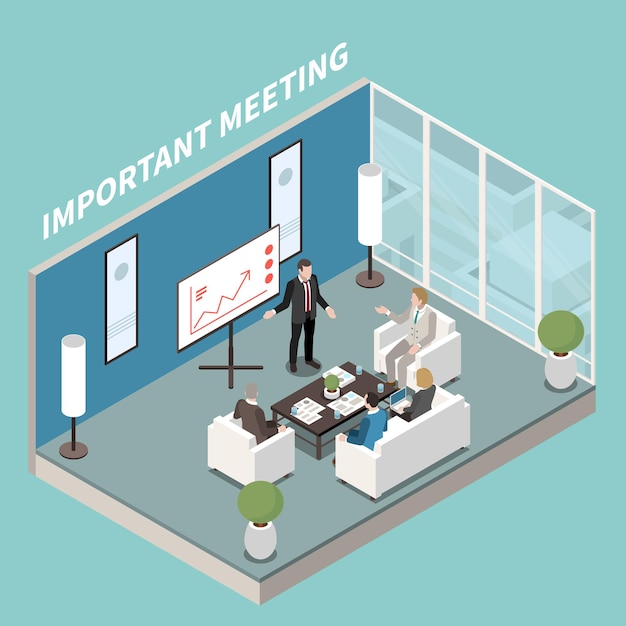 Free Vector Small Meeting Room Modern Office Design Isometric Composition With White Board Presentation Coffee Table Discussion