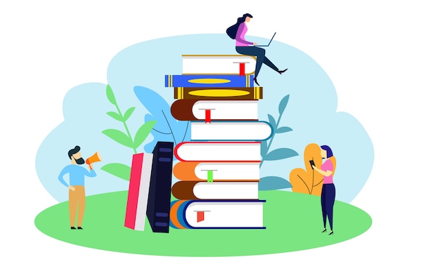 Premium Vector | Small people wuth a huge book piled up.