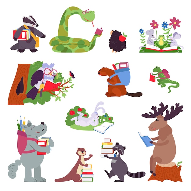 Premium Vector | Smart animals. wild animal with books, funny forest