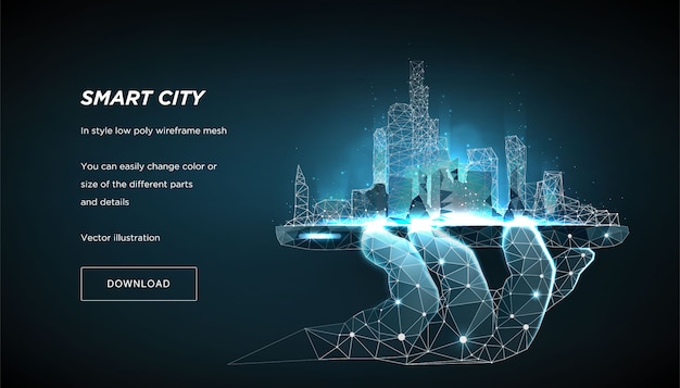 Smart city low poly wireframe on blue banner template. city future abstract or metropolis. Premium Vector
