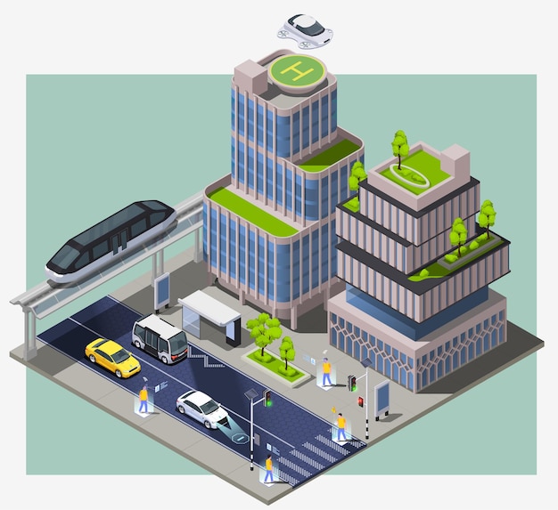 スマートシティ技術等角投影図とリモート車両の建物と人々のイラストと街区の画像 無料のベクター