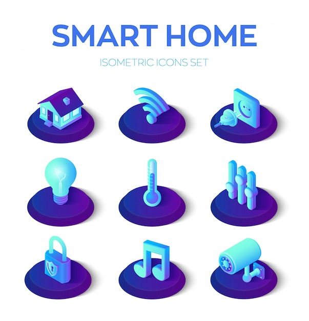 Smart home. 3d isometric icons set. remote house control system. iot Premium Vector
