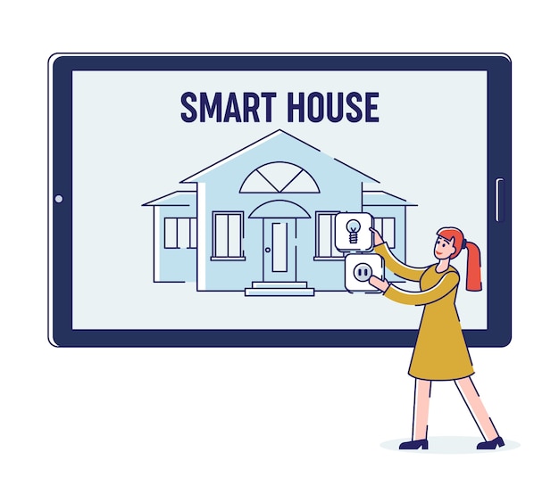 Premium Vector Smart House Mobile App Woman Is Setting Up Smart House Intelligence Technology