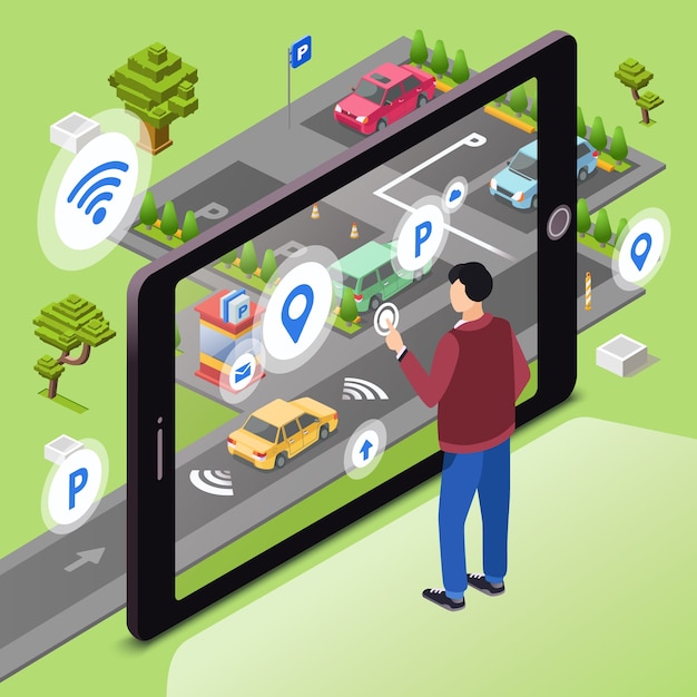 Smart parking. Man user with smartphone touch screen control car driving to park Free Vector Smart parking. Man user with smartphone touch screen control car driving to park Free Vector