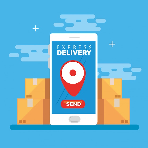 Premium Vector | Smartphone with app express delivery and boxes carton