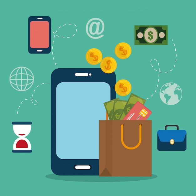 Smartphone with electronic commerce icons Free Vector