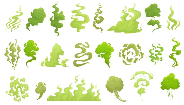 においのする煙 悪臭の雲 緑の臭いの香りと臭い煙の漫画イラストセット プレミアムベクター