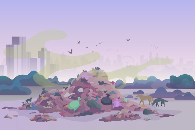  Smelly stinking littering waste dump landfill with cats and dogs and city skyline on the background