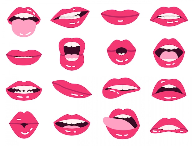 漫画の唇を笑顔します 美しいピンクの唇 キス 舌を見せて 歯の表情豊かな口で笑って 女の子の唇のイラストセット 温厚でピンクの唇の女性セット プレミアムベクター