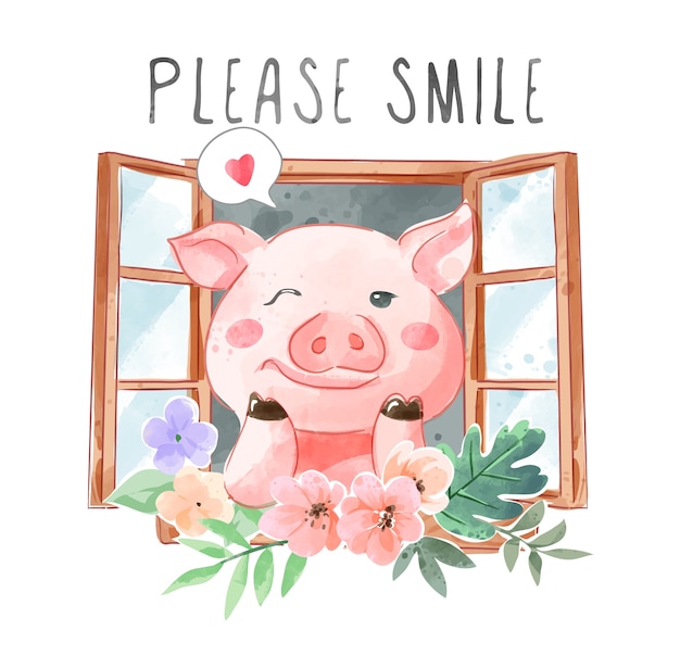 笑顔のスローガンと窓と花のイラストでかわいい豚 プレミアムベクター