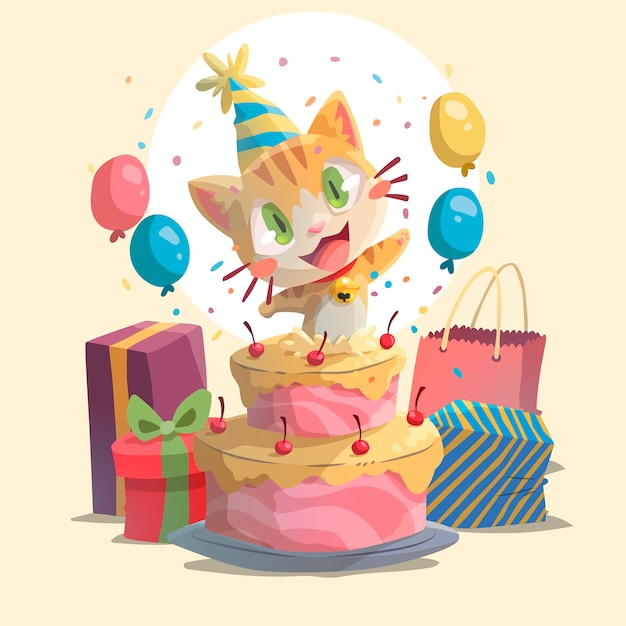 スマイリーイラストの誕生日猫 プレミアムベクター