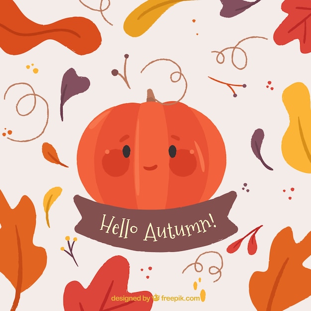 Smiley pumpkin and colorful autumn leaves | Free Vector