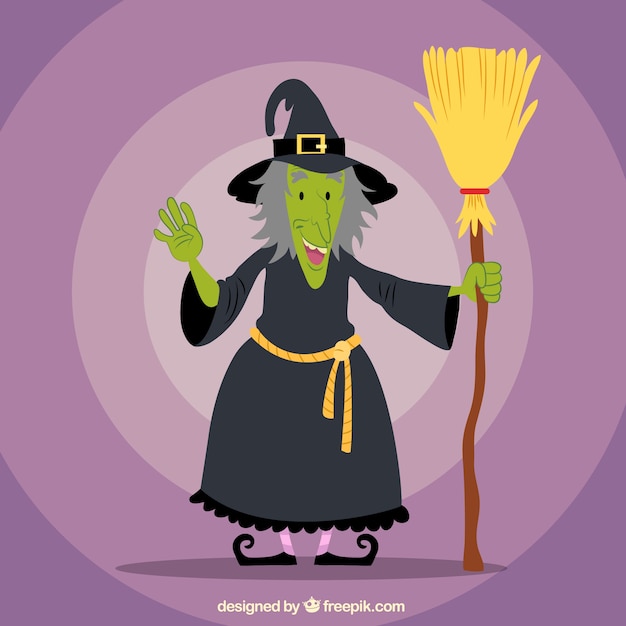 Smiley witch holding broom | Free Vector