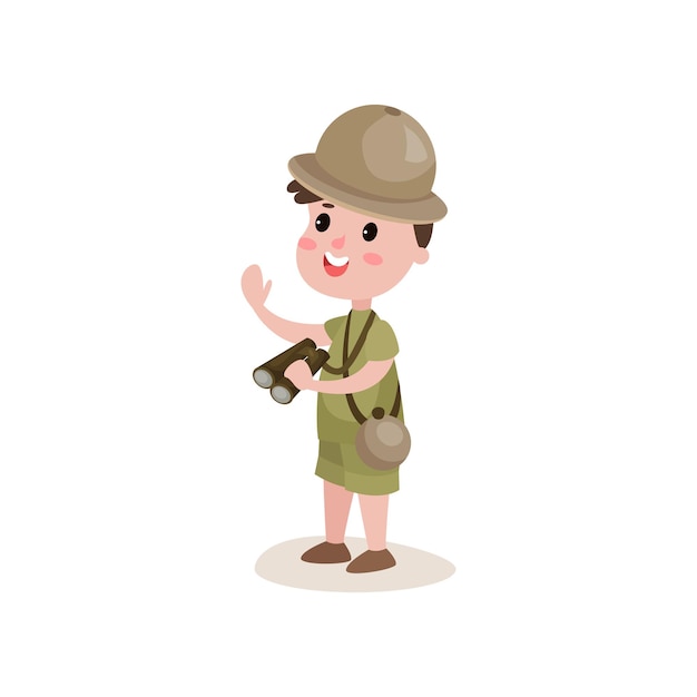 Premium Vector | Smiling boy scout character standing with binoculars ...